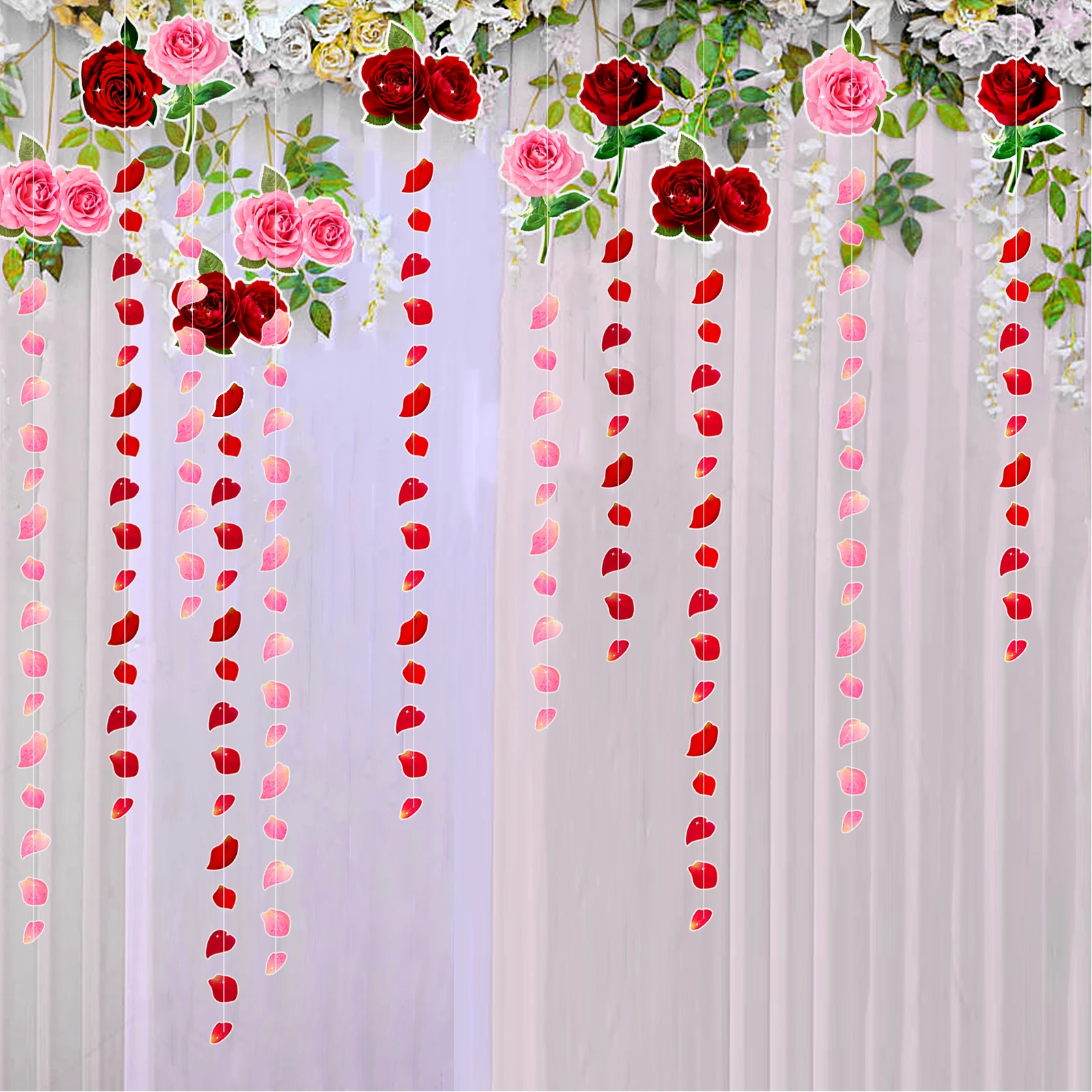 Paper Red Pink Rose Flower Petal Stream String Garlands Hanging Valentine's Day Wedding Lover Birthday Anniversary Party Decor