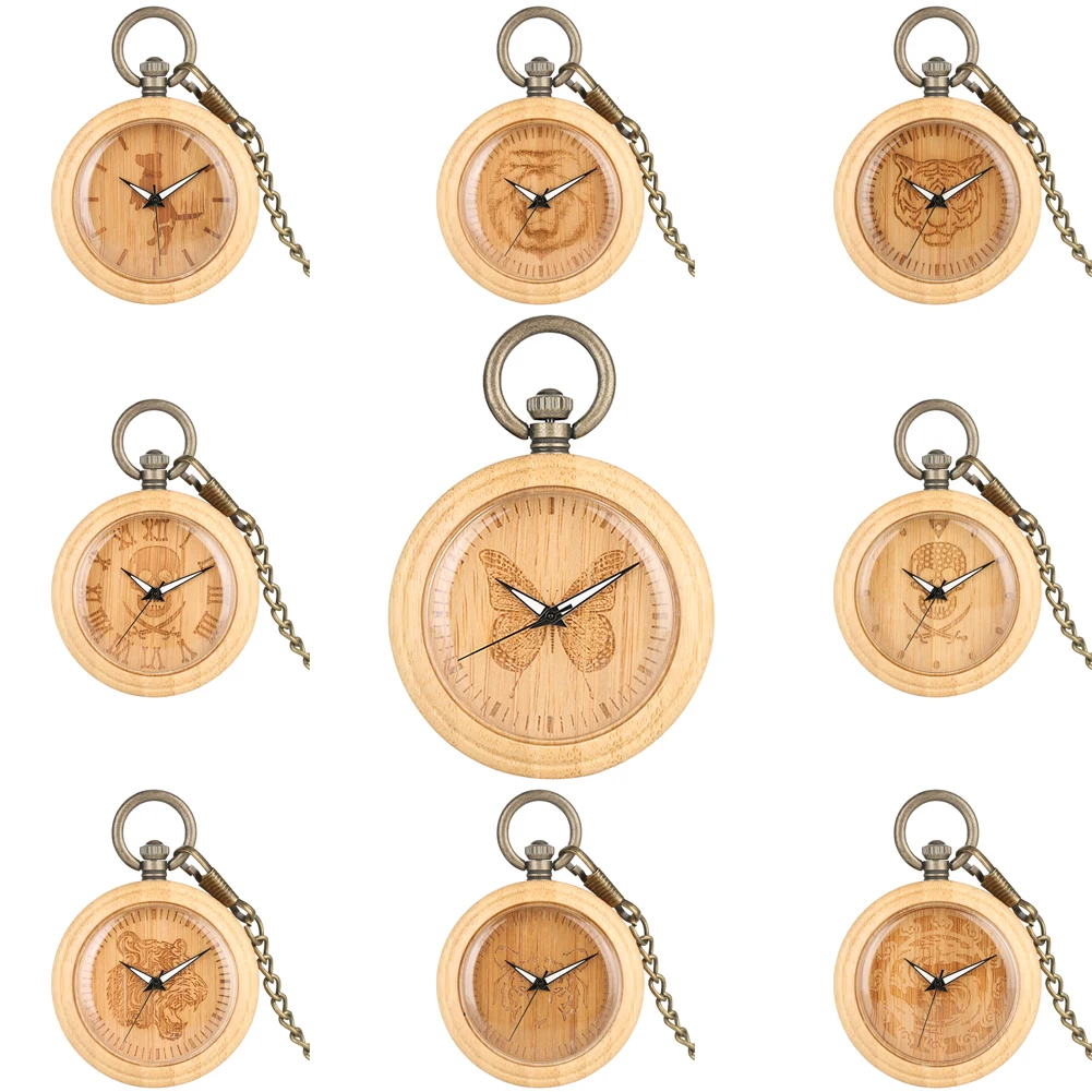 Classic Bamboo Pocket Watch Unique Pattern Dial Pocket Watch Chain Pendant Watch for Women Men