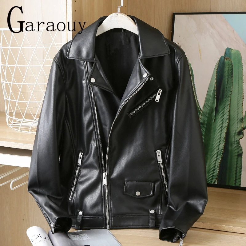 Garaouy New 2023 Man Black Faux Leather Jacket Men Motorcycle Jacket Slim Street Fashion Biker Coat Design Zipper Outwear