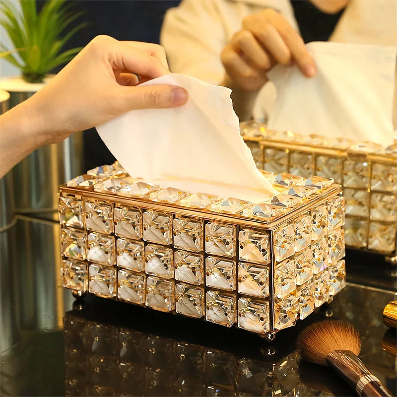 Crystal Glass Tissue Box Cover Home Hotel Car Pen Holder Tools Cosmetic Accessories Desktop Storage Racks Decoration Paper Towel