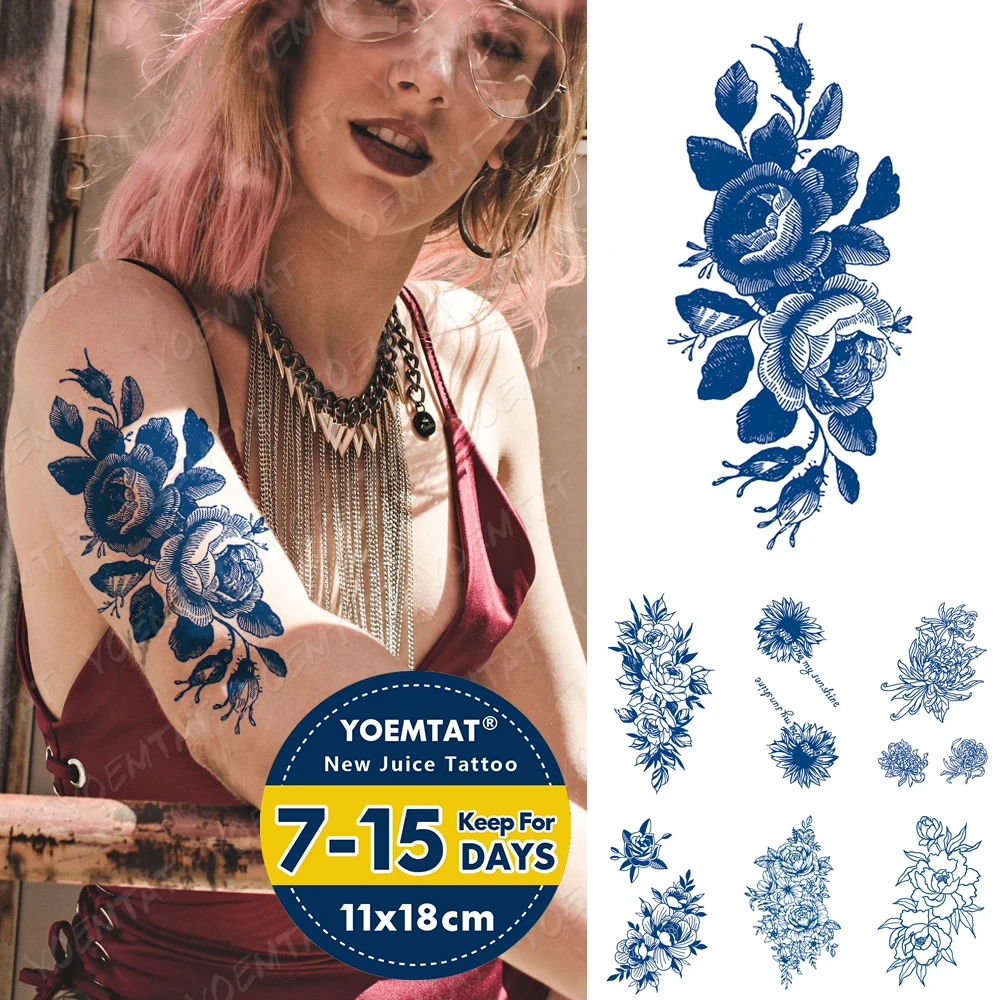 

Juice Lasting Waterproof Temporary Tattoo Sticker Line Peony Rose Chrysanthemum Sunflower Flash Fake Tatto Feminine Ink Body Art