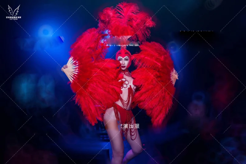 RED WHITE Stage show Opening party gogo dance team ostrich hair headdress fan pearl suit costume