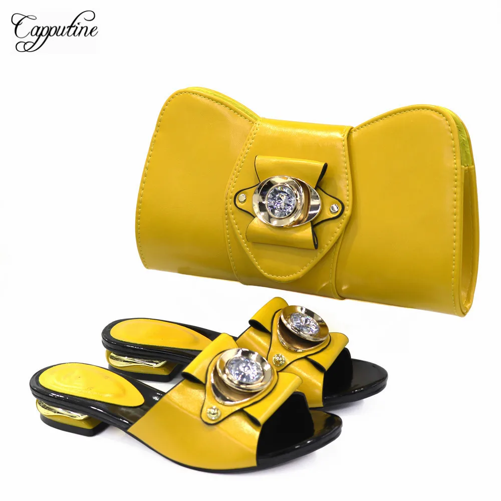 White African Women Shoes And Bag Set To Match African Ladies Lower Heels Summer Slippers With Handbag Pantoufle Femme CR528