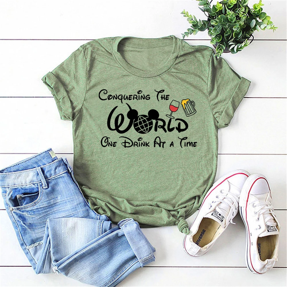 New Arrival Conquering The World One Drink At A Time T-shirt Drinking Around The World Shirt Food and Wine Cute Vacation Tees