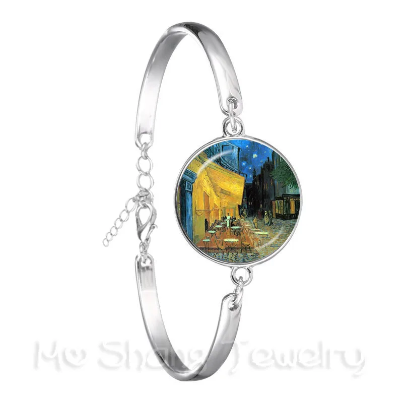 Van Gogh Oil Painting Chain Bracelet Women Fashion Silver Plated 18mm Glass Cabochon Starry Night Sunflower Bangle Jewelry