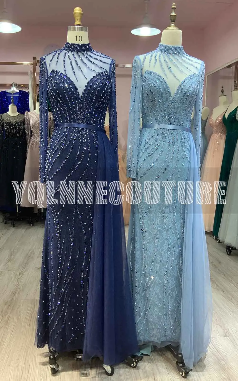 Abiti da sera eleganti con strass blu scuro a maniche lunghe collo alto Tulle pizzo perline abiti da cerimonia per donna formale sirena