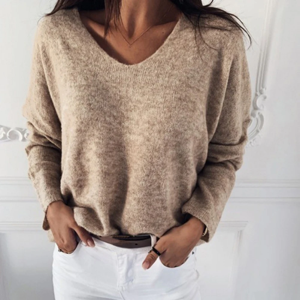 Women Autumn Loose Solid Color V Neck Long Sleeve Plush Pullover Sweater Top