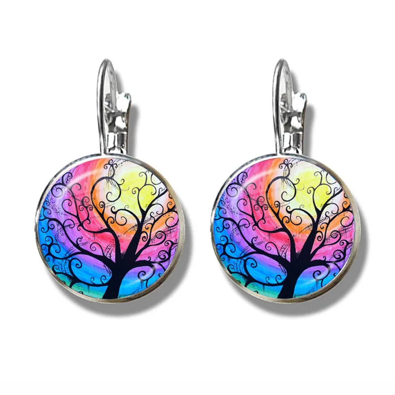 2021 New Colorful Tree of Life Silver Color Earrings Fashion France Earrings for Women EarHook Life Tree Glass Dome Jewelry Gift