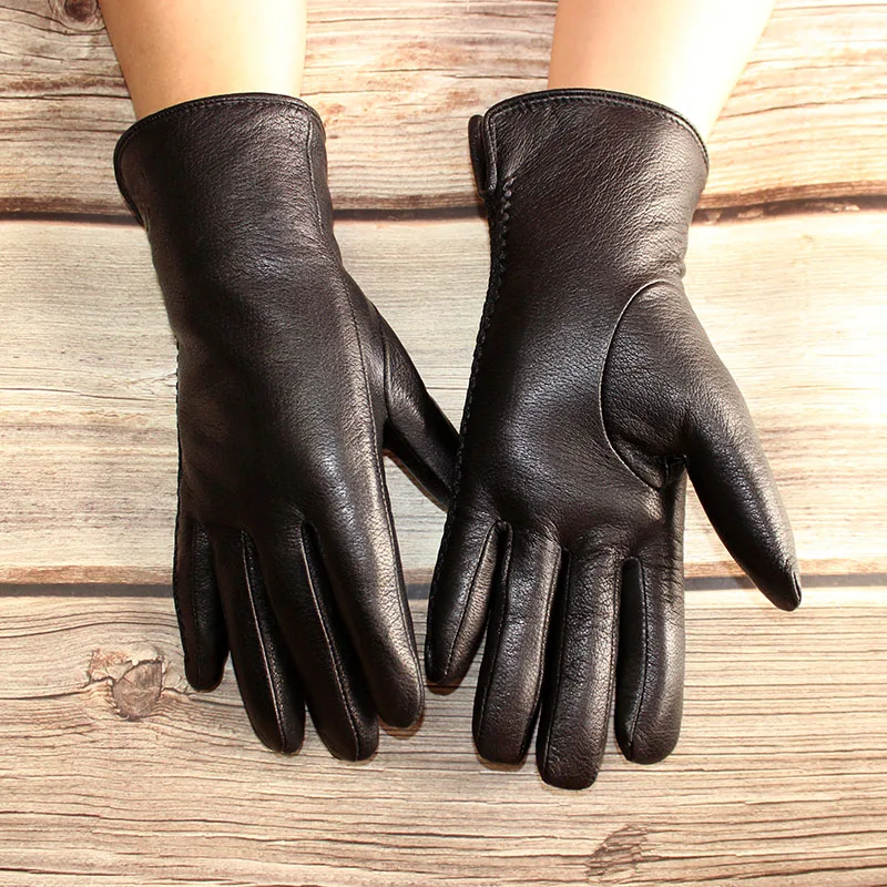 Winter Cold-Proof Warm Deerskin Gloves Women\'s Thickened Sheepskin Fur Sheep Sheared Lining Windproof Leather Finger Gloves