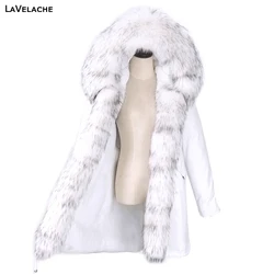 LaVelache Women Jacket Long Winter Coat White Waterproof Real Raccoon Fur Parkas Thick Warm Overcoat