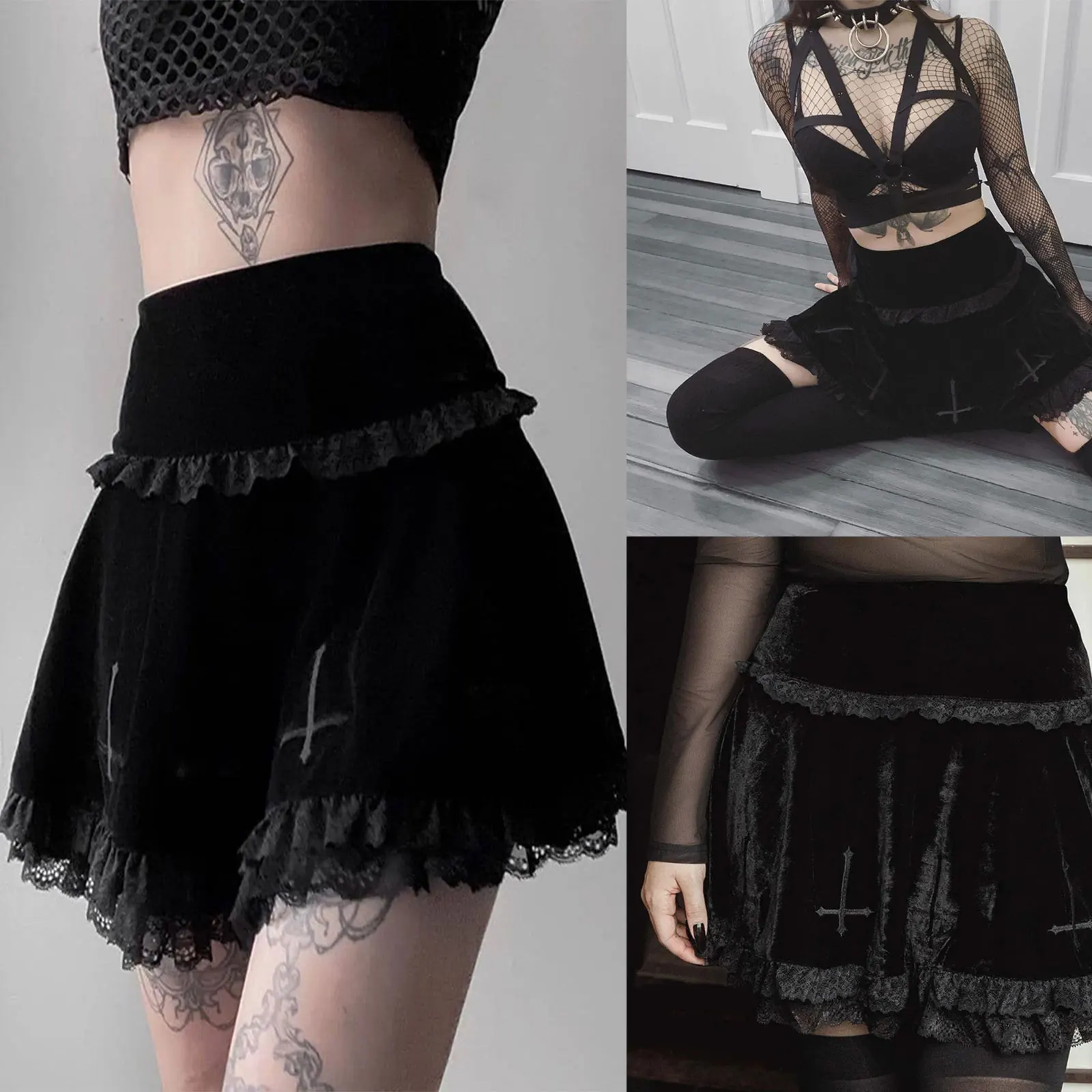 Sexy Women Fashion Cross Embroidery Skirts Casual Summer Ladies Female Stylish Lace Trim Skirts for Party