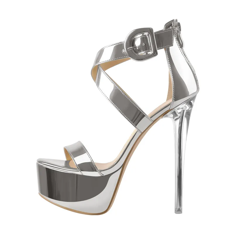 Onlymaker Women Peep Toe Platfrom Silver Gold Cross-tied Thin High Heel Stiletto Party Dress Sandals