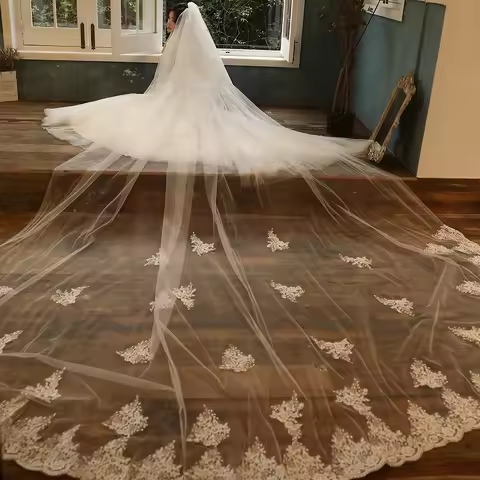Customized Wedding Accessories Appliques Tulle Long Cathedral Wedding Veil Lace Edge Bridal Veil with Comb veu de noiva longo