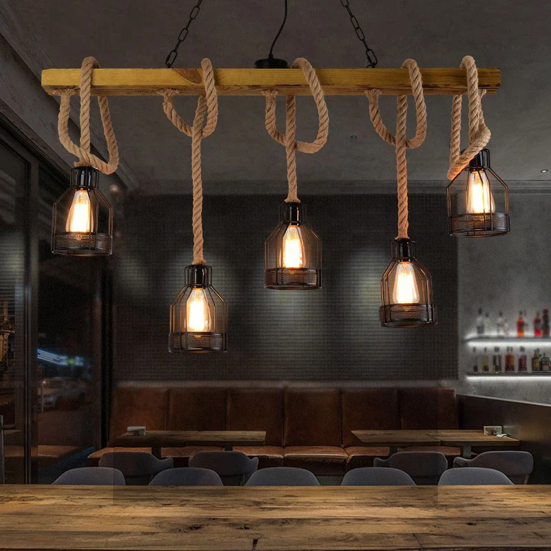 Loft Pendant Lamp Dining Room Restaurant Cafe Living Room Hemp Rope Wood Ceiling Chandelier Lighting Vintage Droplight