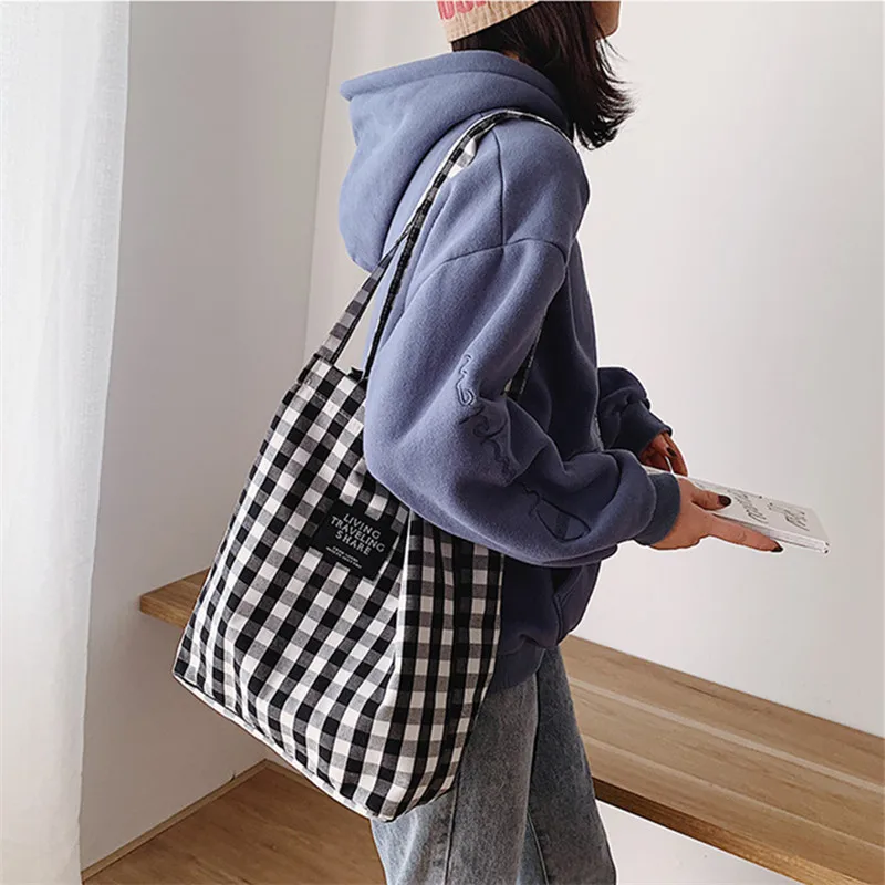 Fashion Simple Women Canvas Handbag Plaid Shoulder Bag Female Wild Black And White Check Tote Bag Campus Style Student Books Bag