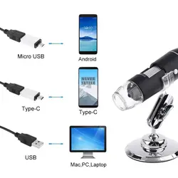 3 In 1 Digital USB Microscope 1600X Portable 2 Adapters Support OSX Windows PC Type-C Micro USB Phone Magnifier With 8 LED