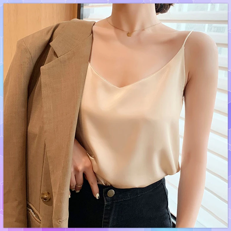 Solid Satin Women Thin Wild Camis Vest Women Tank Tops Female Silk Camisole 2021 Summer Sleeveless Ice Silk Strap Basic Tops 3XL