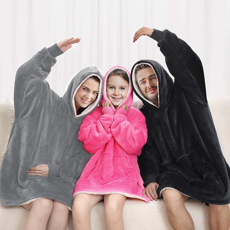 Winter Warm TV Blanket with Sleeves Big Pocket Fleece Family Sherpa Hoodies Oversized Flannel Soft Hooded Robe Blankets Pullover