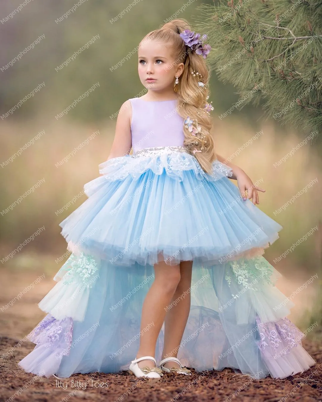 Charming Colorful Kids Tulle Dresses Hi Low Ruffles   Lace Rainbow Custom Made Tiered Long Girls Birthday   Dressing Gowns