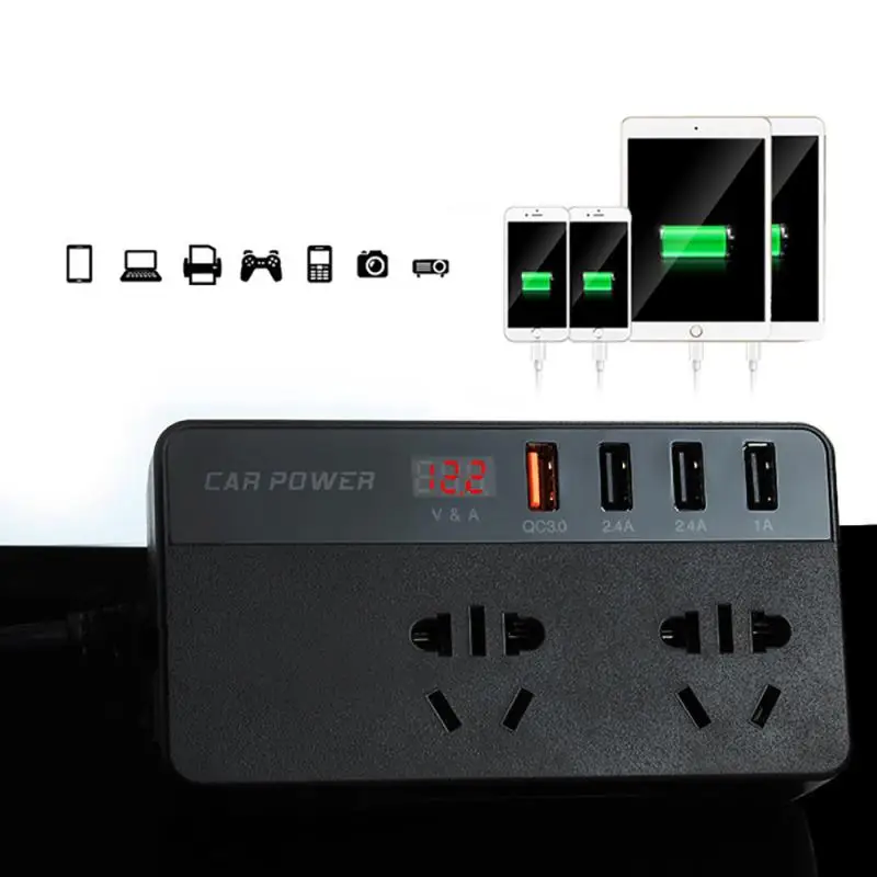 

Car Inverter Universal Power Inverter DC12/24V-AC110/220V 4 USB Socket Charger Auto Cigarette Lighter LED Digital Display QC3.0