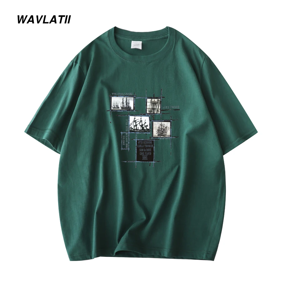 WAVLATII New Men Short Sleeve T shirts Female 100% Cotton Cool Print Summer Tees Tops WMT2104