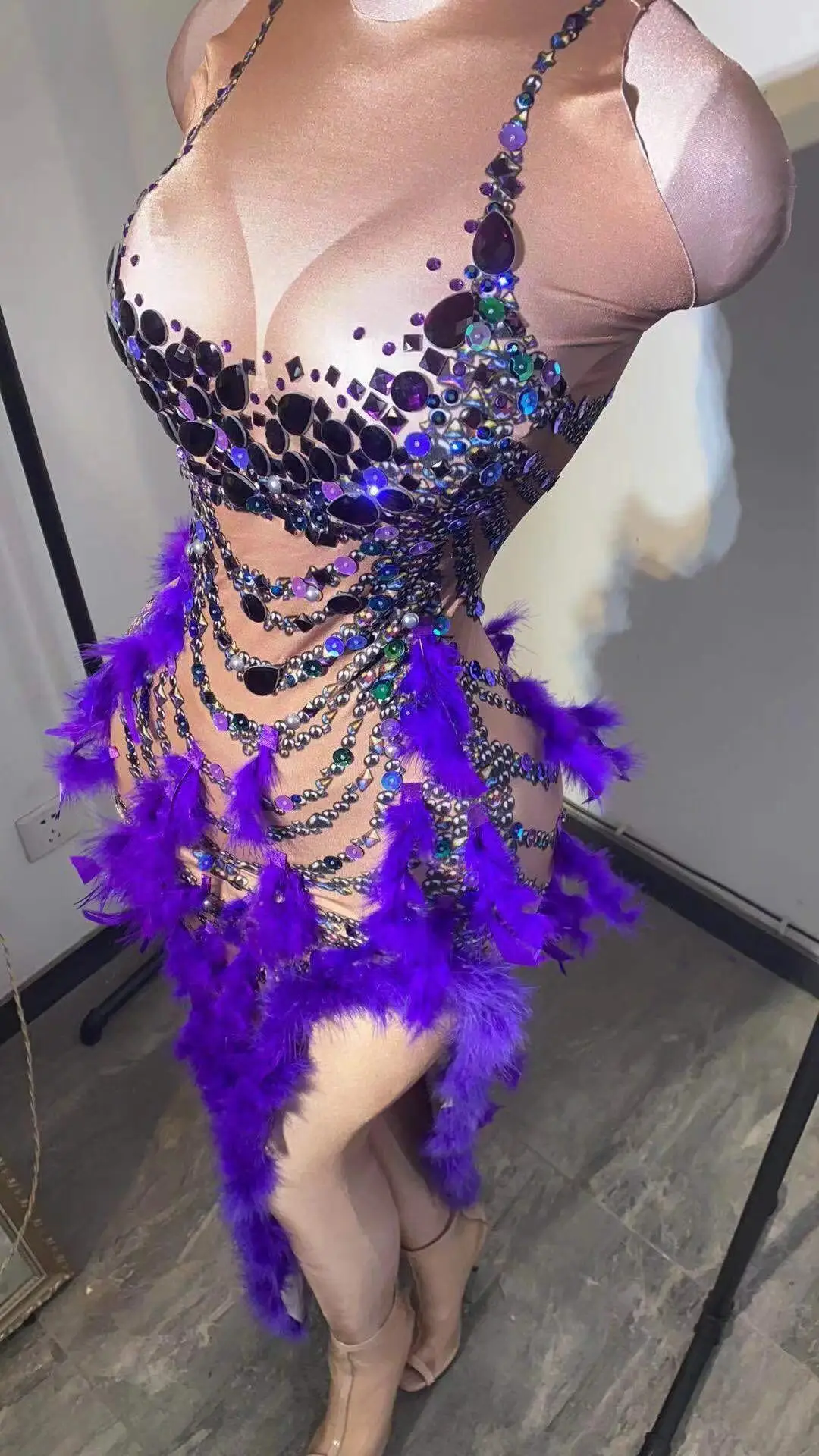 Purple bird feather dress sexy women stage show dresses DJ DS Nightclub bar women party costume