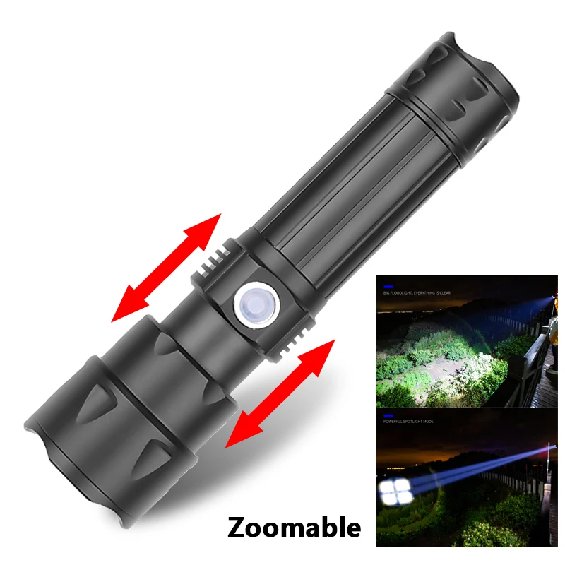 Xhp50.2 Led Flashlight Zoomable 18650 or 26650 Battery Torch USB Rechargeable Aluminum  Adjustable Single mode ON/OFF Lantern