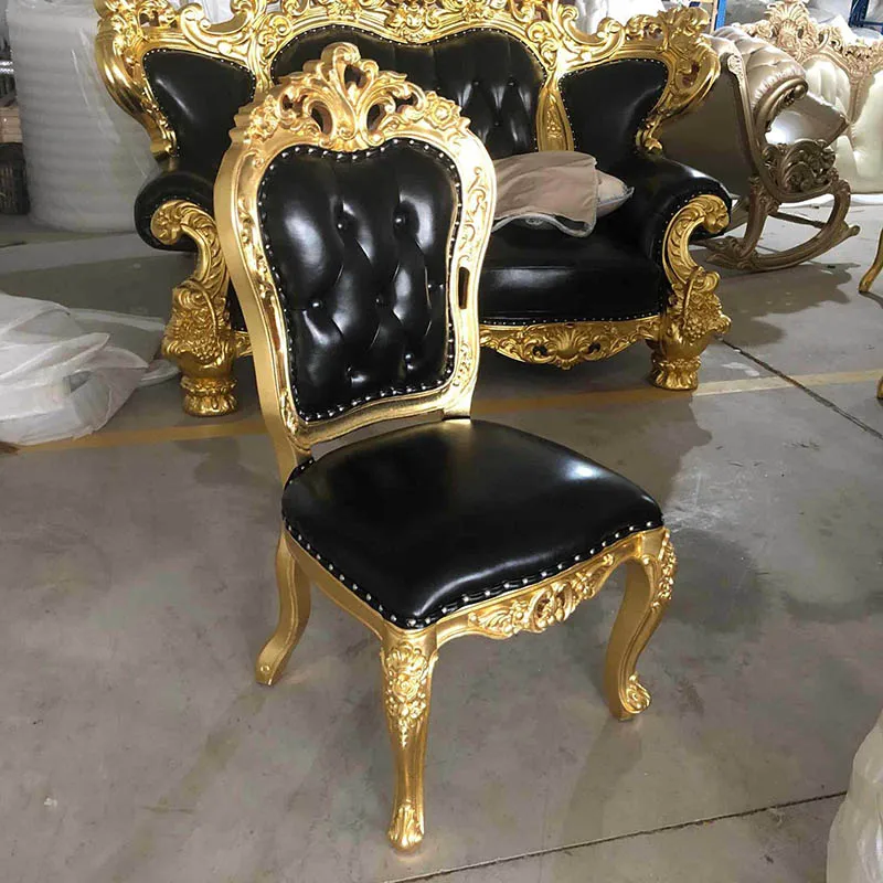 European-style Leather Sticker Golden Dining Chair Solid Wood Carved Wood Chair Accent Chairs for Living Room