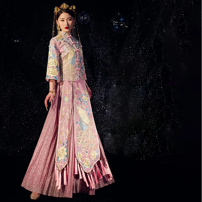 Vintage Pink Elegant Classic Asian Wedding Costume Traditional Chinese style bride wedding dress toast antique Cheongsam