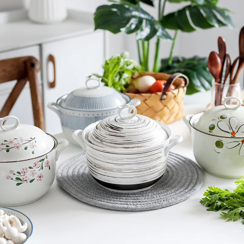 Tabletop Stew Pot Japanese Ceramic with Lid Impression Cherry Blossom Chamomile Fish Fire White Bristled Stock Pot