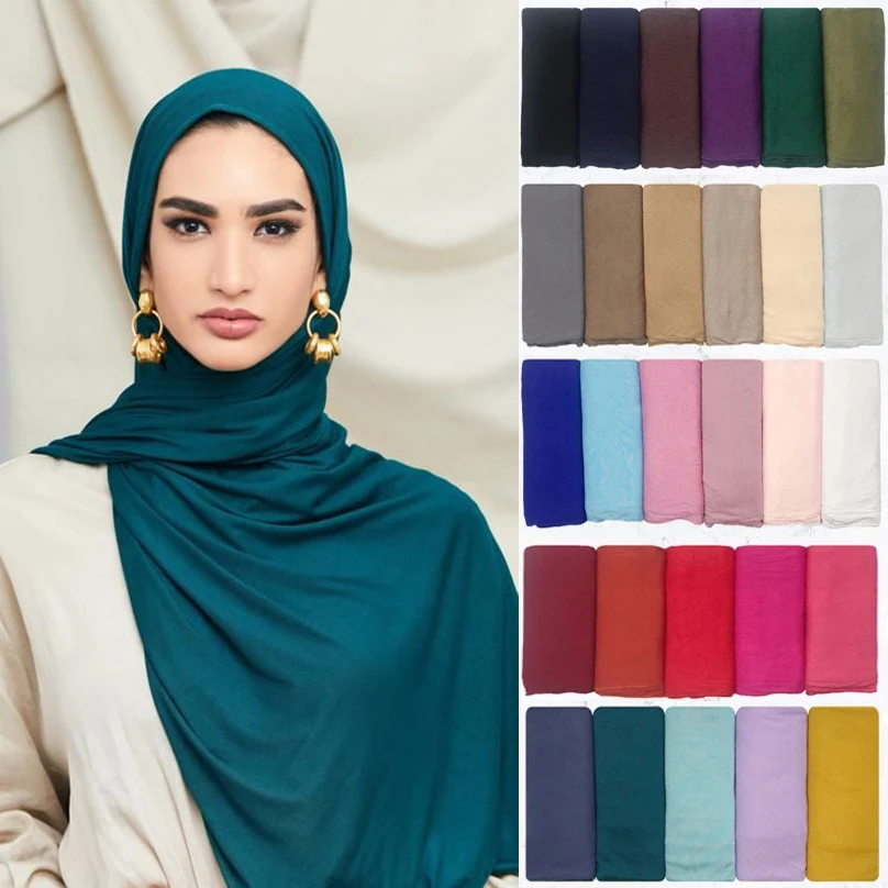 Modal Cotton Jersey Hijab Scarf Solid Color Soft Elastic Women Headscarf Muslim Fashion Islamic Headwrap Turban Long Scarf Shawl