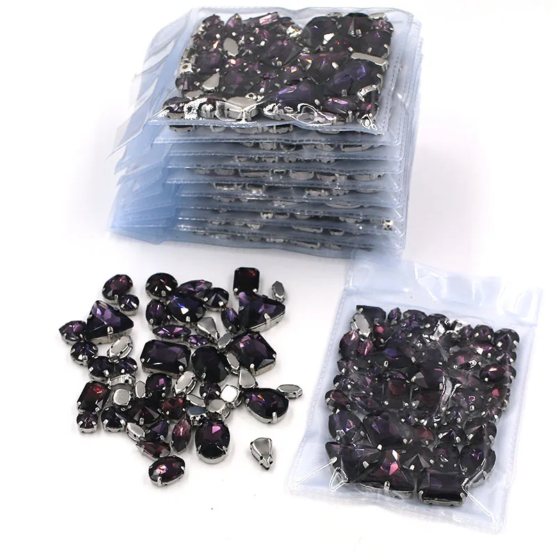 New 5 bags Wholesale mixed shape glass crystal Deep purple sew on sliver base claws rhinestones diy clothing/wedding dress