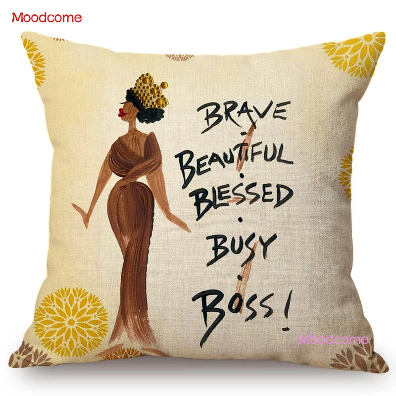 Fashion African Queen Sketch Black Girl Woman With Encouraging Quotes Cartoon Art Sofa Pillow Cover Cotton Linen Cushion Cover