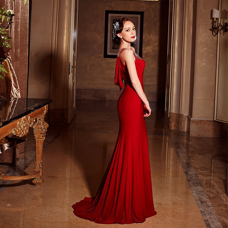 Robe de soirée sirène longue rouge, sexy, dos nu, avec perles en cristal, robes formelles élégantes pour mère de la mariée, nouvelle collection 2020