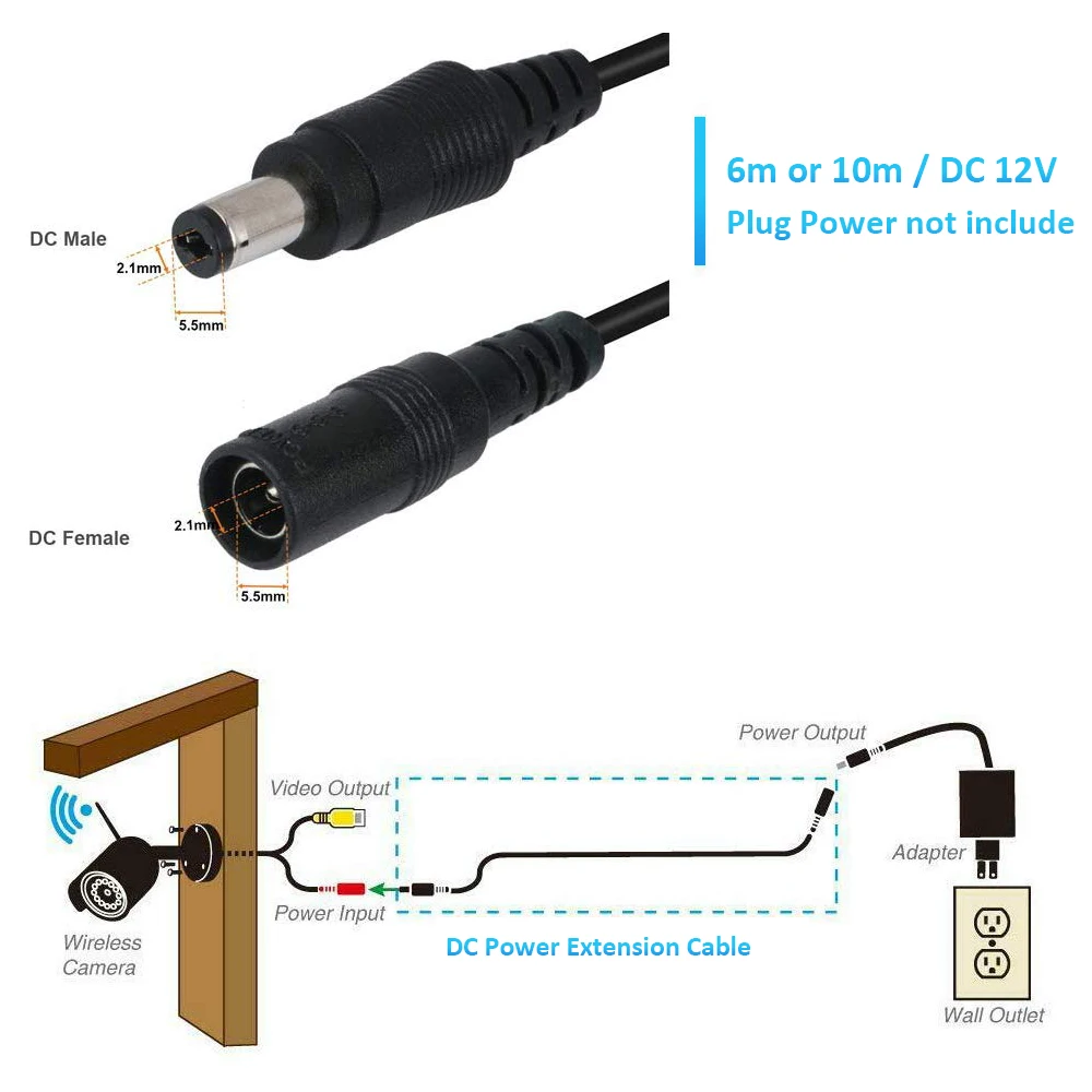 Czarny biały przedłużacz 6M 10M DC 12V 5.5mm * 2.1mm żeński przewód zasilający do kamera telewizji przemysłowej urządzeń domowych