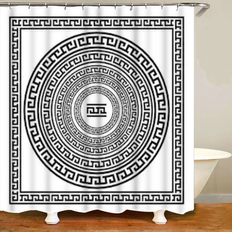 Ethnic Greek Key Shower Curtains Bathroom Curtain Waterpoof Polyester Traditional Meander Border Bath Curtain Set Mats Rug Decor