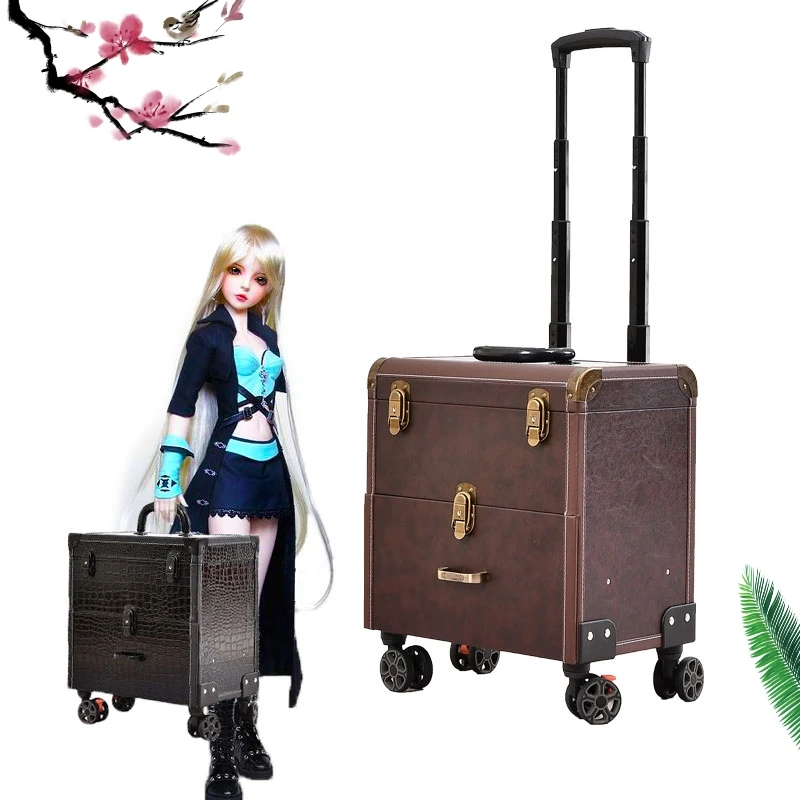 Makeup Suitcase On Wheels Vintage Cosmetology Embroidery Manicure High-capacity Rolling Luggage Professional Make Up Trolley Box