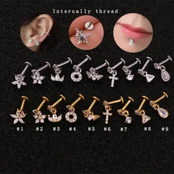 1PC 16G Flower Cross Wing Labret Piercing Lip Ring Crystal Lip Helix Piercing Tragus Earring Cartilage Stud Ear Pircing Jewelry