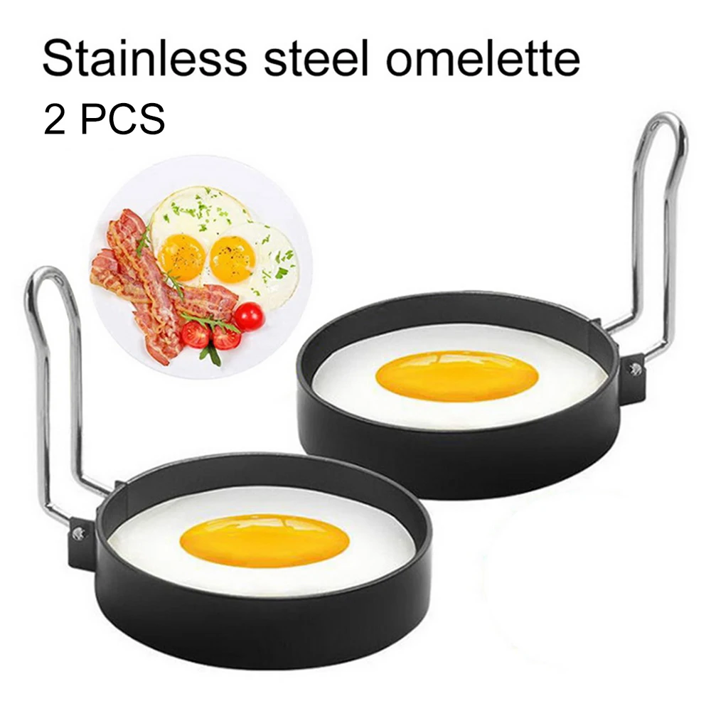 

2pcs Metal Fried Egg Tool Heightening Thickening Nonstick Metal Egg Frying Rings With Handle Round Pancake Molds Kitchen Tools