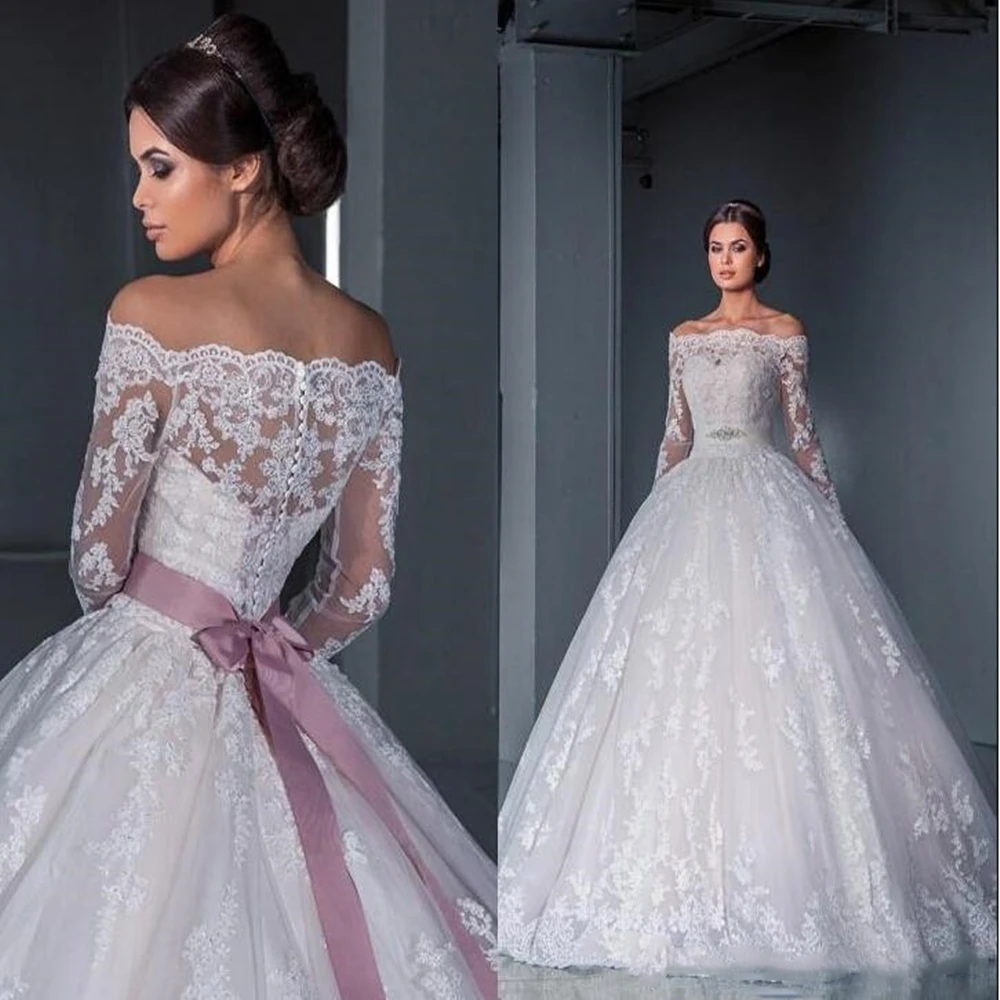 Vestidos de novia de corte A con encaje completo, vestidos de novia de manga larga con cuello de murciélago Vintage, con botones de lazo, tren de barrido, baratos, 2020