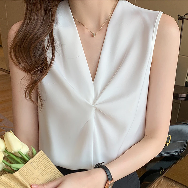 Blouses Femme Summer Sleeveless White Blouse Blusas Mujer Blouse Women 2024 V-Neck Chiffon Blouse Shirt Tops Women Shirts E779