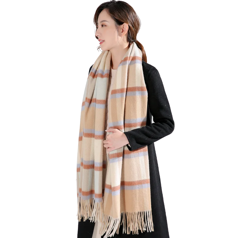 Winter 100% Wool Scarf Women Thicken Warm Beige Plaid Echarpe Shawls and Wraps Checkered Pashmina Cashmere Scarves Foulard Femme