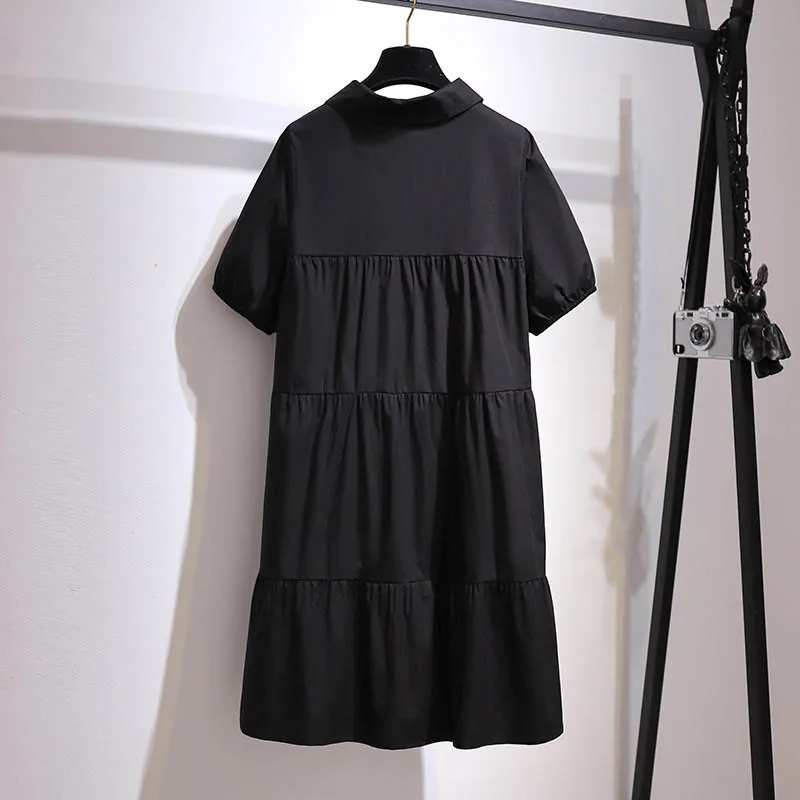 Robe trapèze à manches courtes en coton pour femmes, robe boutonnée à revers, noir, été, noix, grande taille, 150 cm, 5XL, 6XL, 7XL, 8XL, 9XL, 152