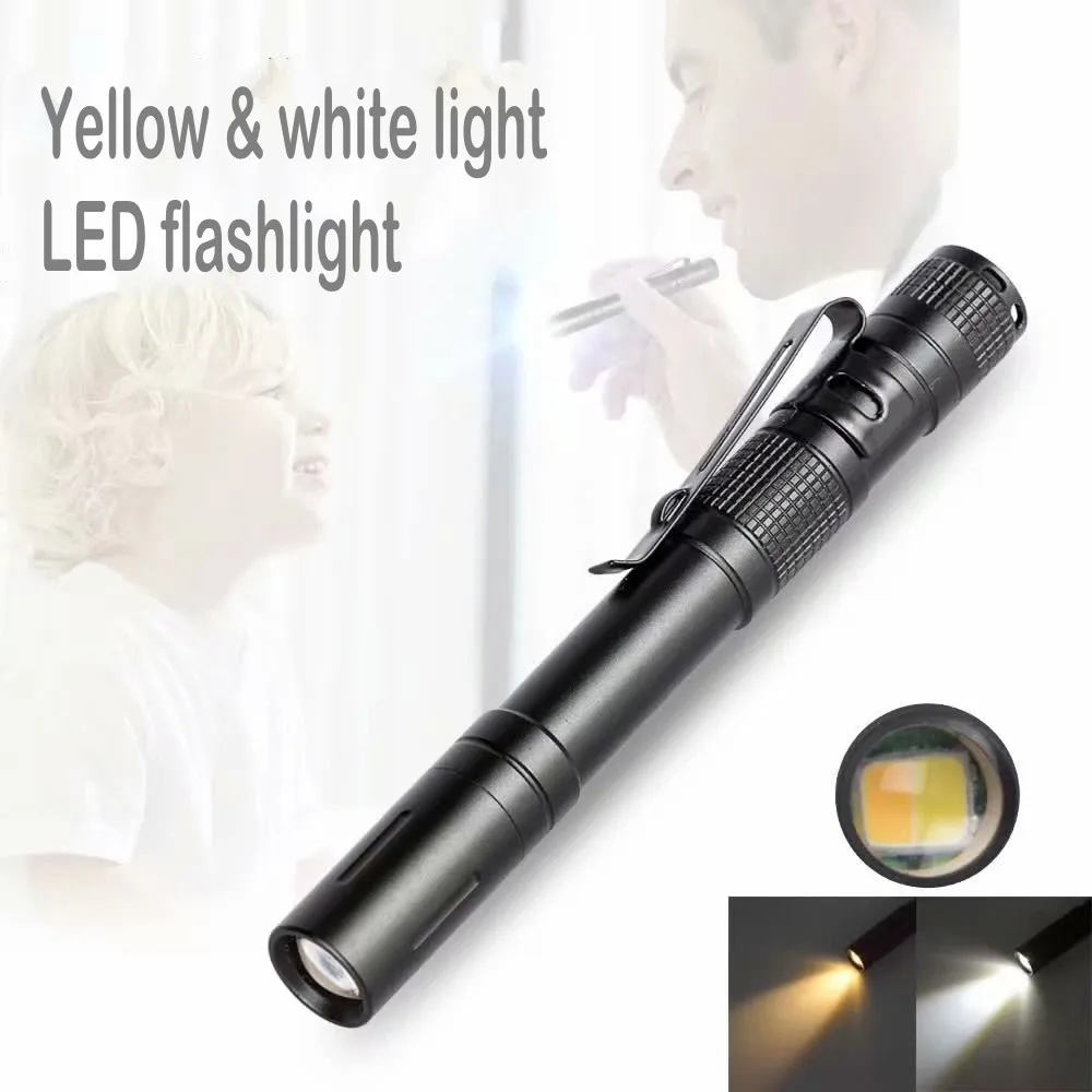 White & Yellow two-color Light medical household lamp mini 2 AAA 1W pen clip emergency lighting gift LED flashlight