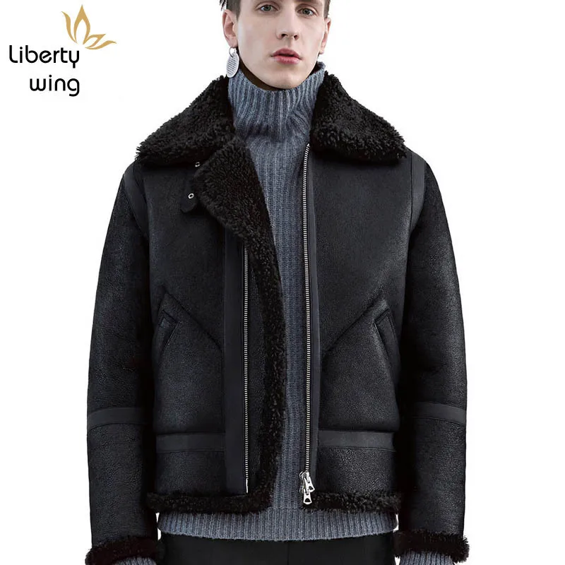 Brand Runway Men Genuine Leather Warm Lamb Wool Real Fur Lining Winter Biker Coat 6XL Shearling Aviator Jacket Streetwear