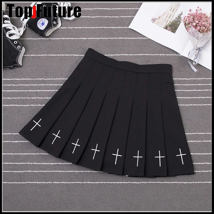 high waist black white Lolita Skirts Gothic Streetwear Cross Print Pleated Women Skirts Casual College Lolita Harajuku Skirt