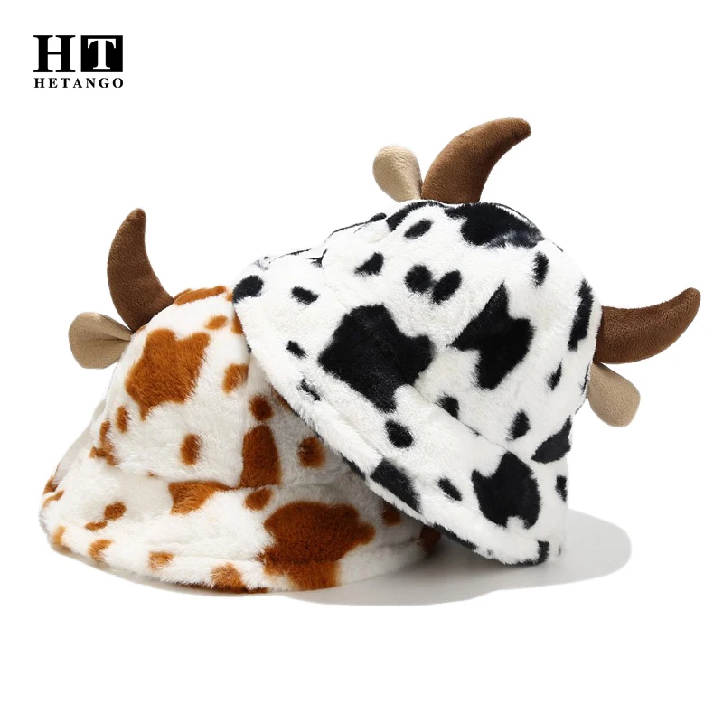 

Autumn Winter New Cute Horn Fisherman Hat Women Fashion All-match Milk Cow Pattern Printing Plush Thick Outdoor Warm Basin Hat