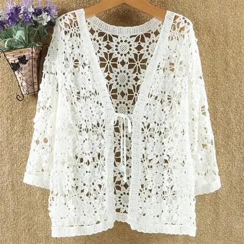 Sexy Hollow Lace Sunscreen Cardigan Sweater Women Wide Loose Air Conditioning Knitted Sweater Thin Section Female Spring Autumn