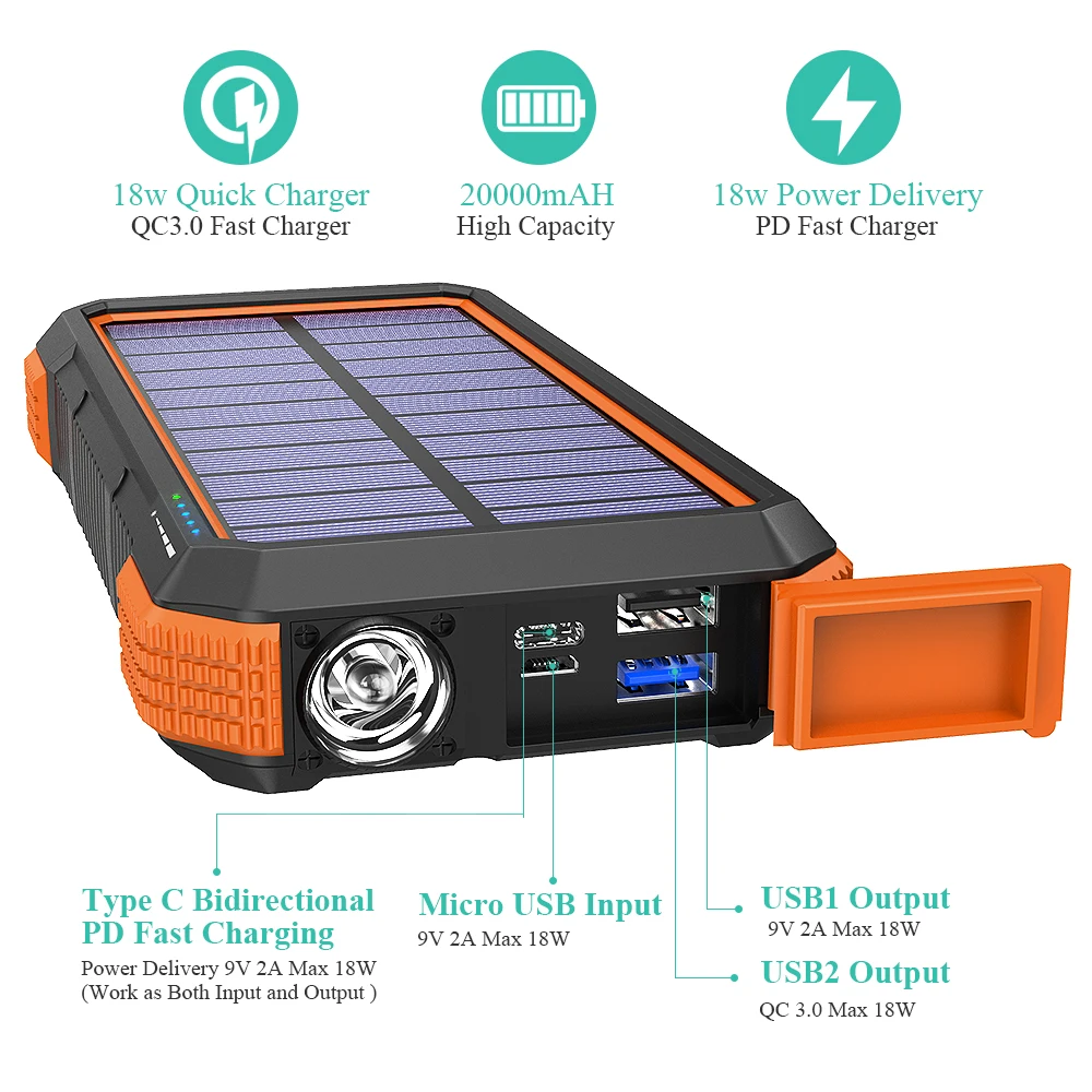 BLAVOR Solar Power Bank Portable Wireless Charger with 4 Outputs 2 Inputs,20000mAh External Battery Pack IPX5 Waterproof