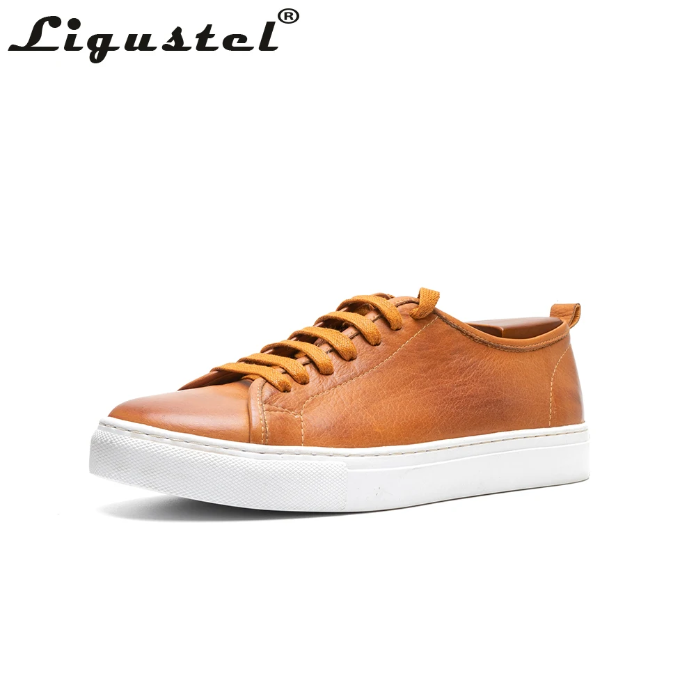 Ligustel Men Casual Shoes Genuine Leather Outdoor Flat Lace-up Low Top Shoes Sneaker Spring Summer Shoes Breathable Comfortable